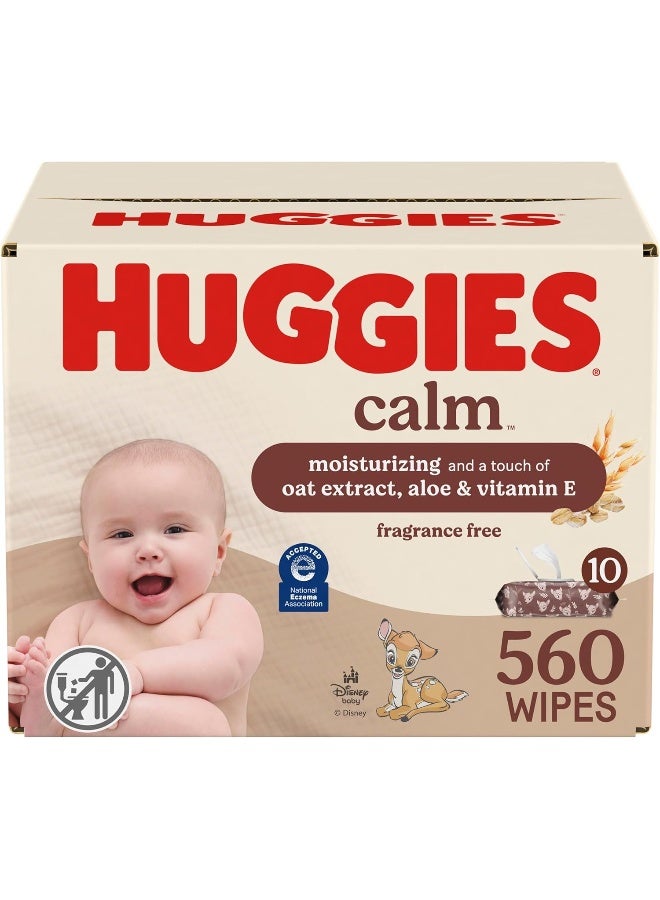 HUGGIES مناديل هاجيز كالم للأطفال، بدون رائحة، مضادة للحساسية، 10 عبوات زر دفع (560 منديل إجمالي) - Image 1