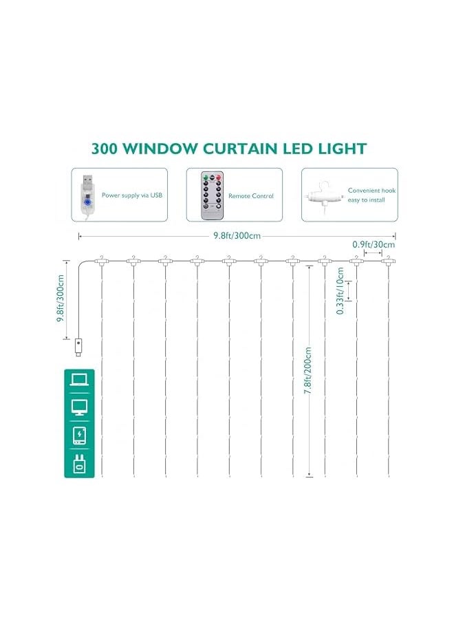 The Bros 3 * 3Curtain String Lights, 300LED，Colorful，8 Modes Fairy Hanging Lights with Remote & Timer, USB Operated, Waterproof for Indoor/Outdoor Decorations - Bedroom, Wedding, Party  - Image 5