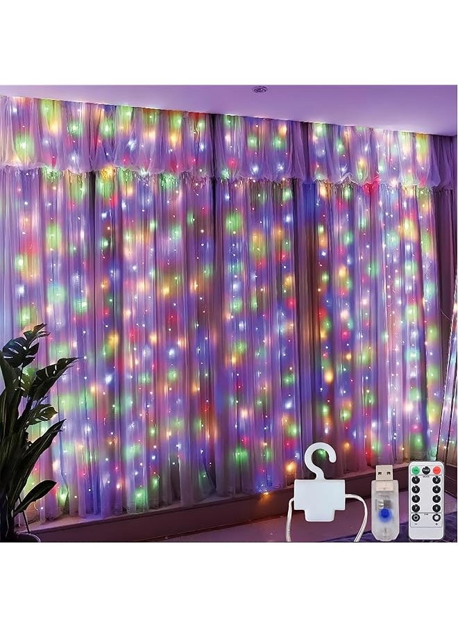 The Bros 3 * 3Curtain String Lights, 300LED，Colorful，8 Modes Fairy Hanging Lights with Remote & Timer, USB Operated, Waterproof for Indoor/Outdoor Decorations - Bedroom, Wedding, Party  - Image 1