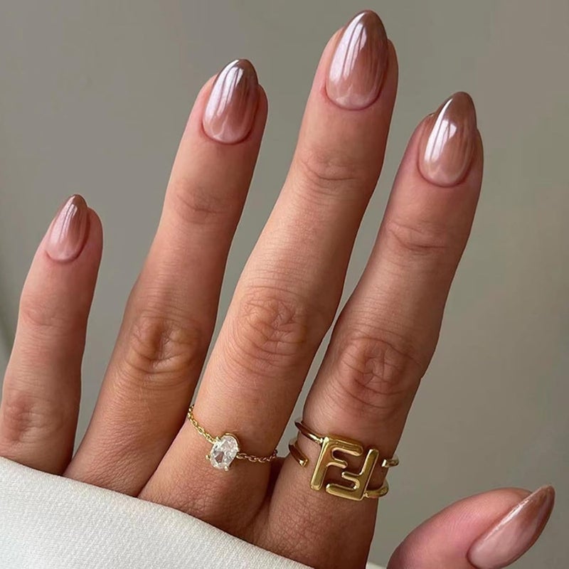 WULIUFLY Multiple options 24Pcs Brown Press on Nails Short Almond False Nails Fall Oval Press on Acrylic Nails with Gradient Design Fake Nails Full Cover Glue on Nails Glossy Artificial Nails Winter Stick on Nails for Women Globally popular universal design - Image 1
