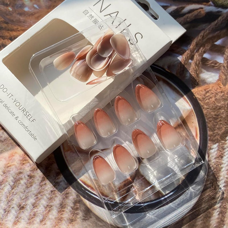 WULIUFLY Multiple options 24Pcs Brown Press on Nails Short Almond False Nails Fall Oval Press on Acrylic Nails with Gradient Design Fake Nails Full Cover Glue on Nails Glossy Artificial Nails Winter Stick on Nails for Women Globally popular universal design - Image 2