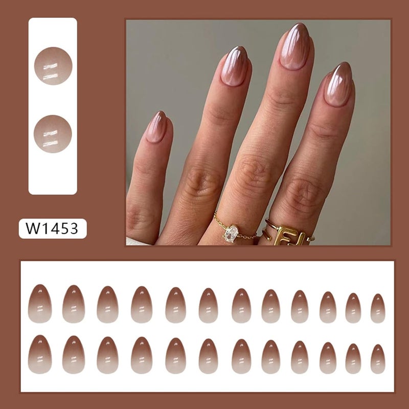 WULIUFLY Multiple options 24Pcs Brown Press on Nails Short Almond False Nails Fall Oval Press on Acrylic Nails with Gradient Design Fake Nails Full Cover Glue on Nails Glossy Artificial Nails Winter Stick on Nails for Women Globally popular universal design - Image 3