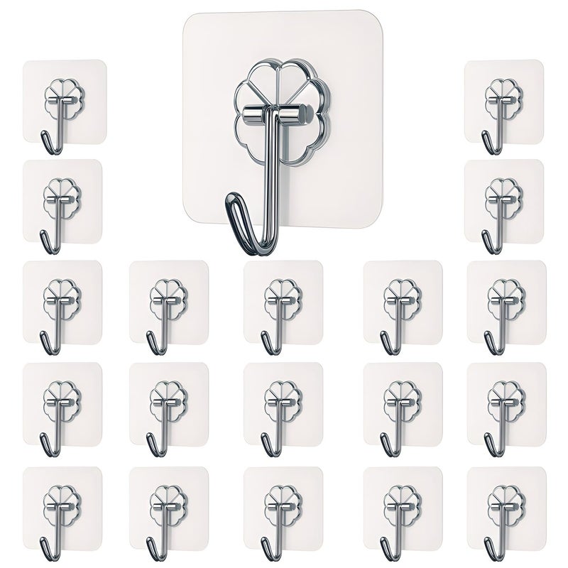 DALUCI Self Adhesive Wall Hooks - 20 Pcs Heavy Duty Wall Hooks for Hanging | Nail Free Sticky Hooks for Wall Heavy Items Without Drilling, Transparent Wall Hanger Hook (Flower Hook, 20) - Image 1