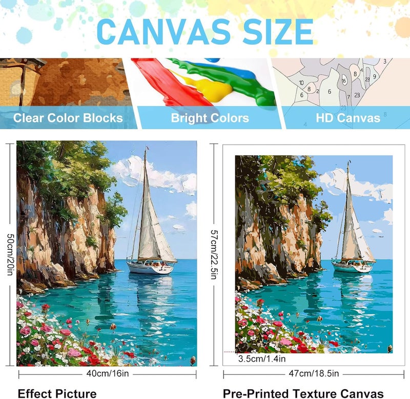 Mrnsiet Sailboat DIY Paint by Numbers for Adults, Coastal Sail Boat Paint by Number for Beginners, DIY Landscape Painting by Number Kits Oil Paint Drawing Canvas Home Decor 16x20 Inch - Image 3