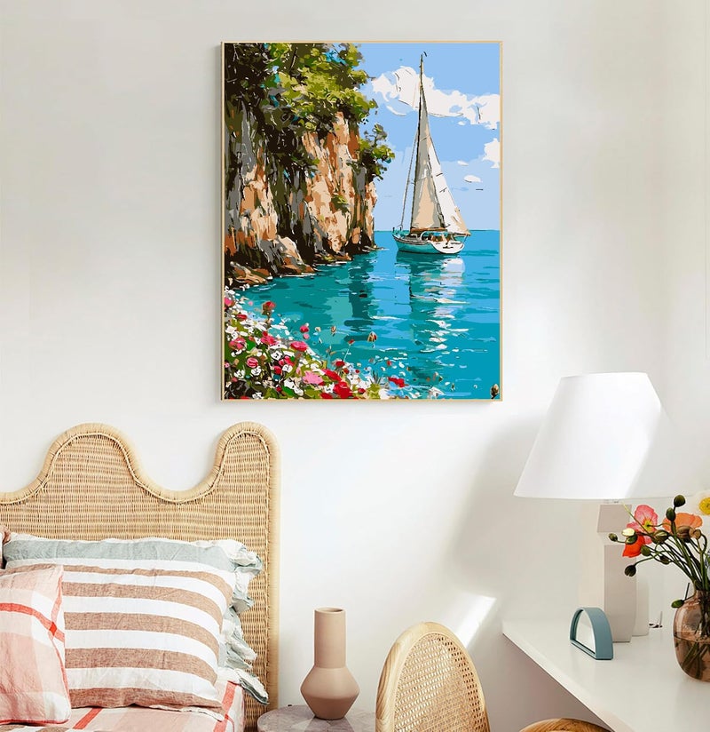 Mrnsiet Sailboat DIY Paint by Numbers for Adults, Coastal Sail Boat Paint by Number for Beginners, DIY Landscape Painting by Number Kits Oil Paint Drawing Canvas Home Decor 16x20 Inch - Image 5