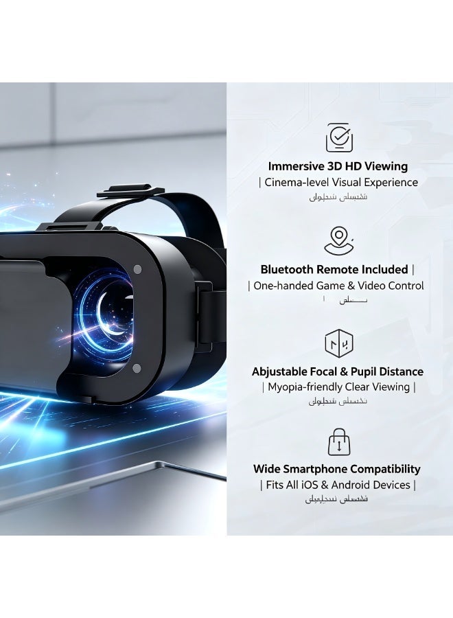 VR SHINECON VR Headset with Wireless Remote Controller, HD 3D Virtual Reality Glasses for iPhone & Android, Adjustable VR Box for Movies & Games - Black - Image 2