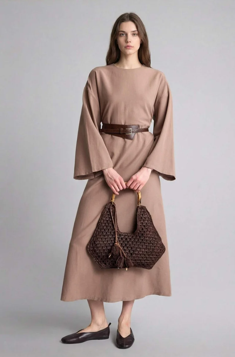ديفاكتو Loose Fit Crew Neck Linen Blended Dress