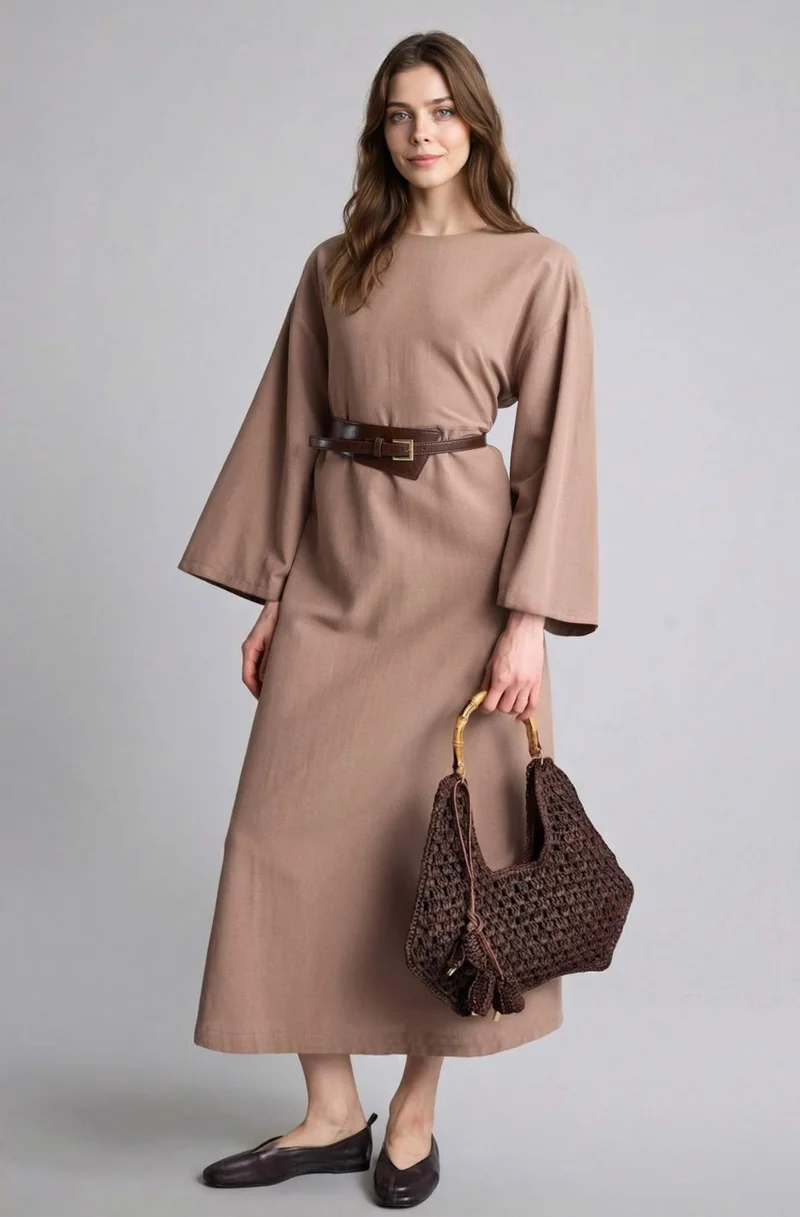 ديفاكتو Loose Fit Crew Neck Linen Blended Dress