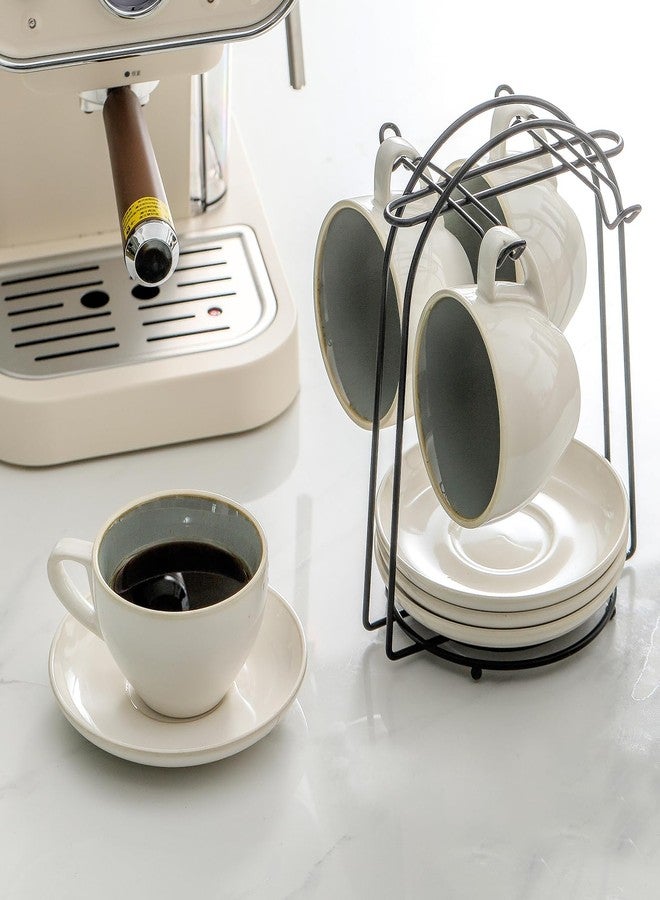 SIDUCAL Stackable Cappuccino Cup Set of 4 [8oz] Ceramic Coffee Cups with Saucers and Cup Holder,Microwave/Dishwasher Safe,Espresso Demitasse Cups(Green) - Image 4