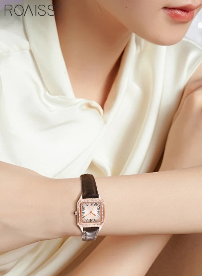رويس ساعة كوارتز نسائية بحزام جلدي مرصع بالألماس، ومينا مربعة الشكل مع أرقام رومانية، ساعة يد أنيقة لامعة مقاومة للماء كهدية للنساء - Image 3