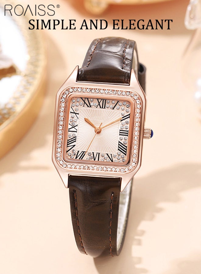 رويس ساعة كوارتز نسائية بحزام جلدي مرصع بالألماس، ومينا مربعة الشكل مع أرقام رومانية، ساعة يد أنيقة لامعة مقاومة للماء كهدية للنساء - Image 2