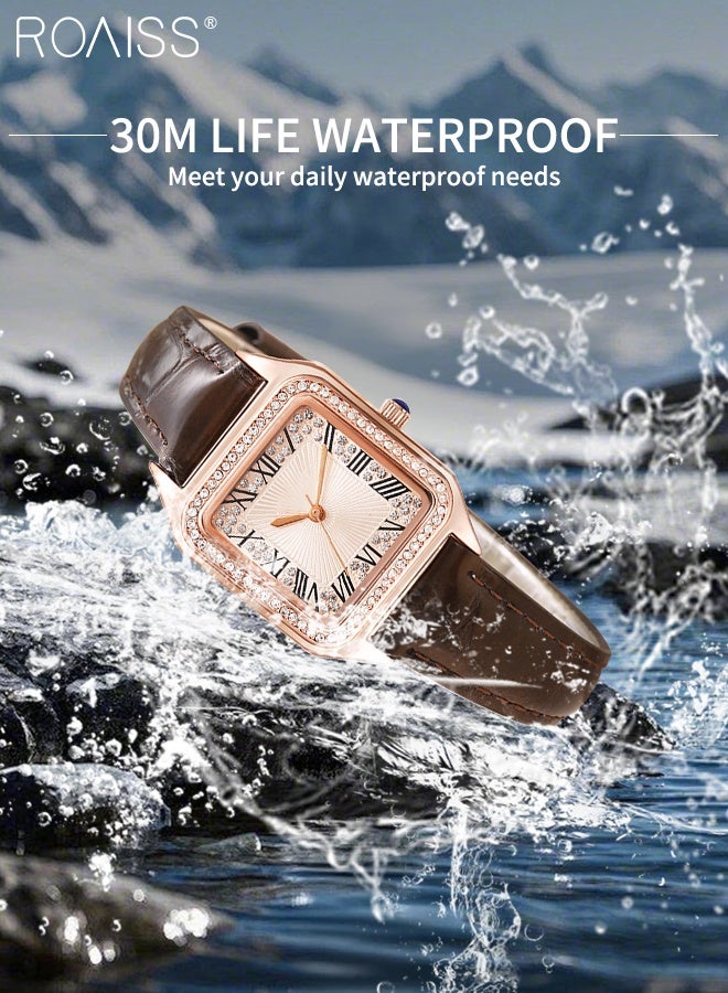 رويس ساعة كوارتز نسائية بحزام جلدي مرصع بالألماس، ومينا مربعة الشكل مع أرقام رومانية، ساعة يد أنيقة لامعة مقاومة للماء كهدية للنساء - Image 5