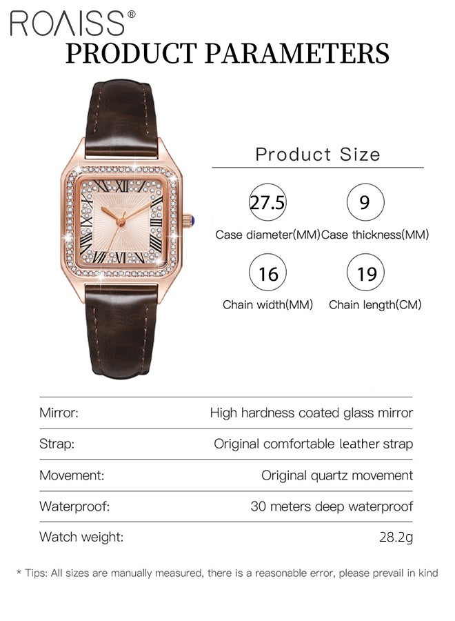 رويس ساعة كوارتز نسائية بحزام جلدي مرصع بالألماس، ومينا مربعة الشكل مع أرقام رومانية، ساعة يد أنيقة لامعة مقاومة للماء كهدية للنساء - Image 4