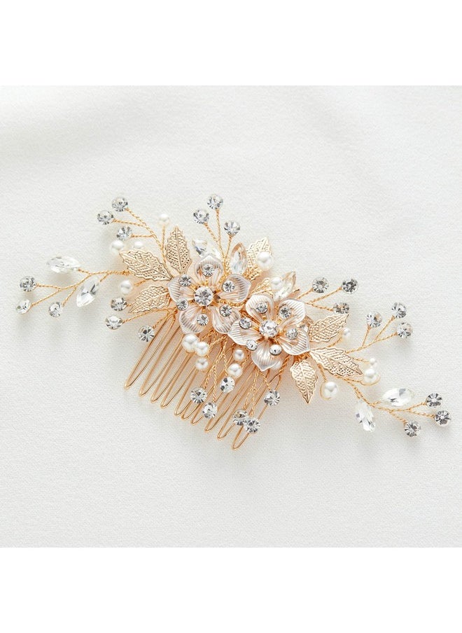 SWEETV SWEETV Flower Bride Wedding Hair Comb Pearl Bridal Crystal Leaf Gold Headpiece Rhinestones Handmade Jewelry for Women and Girls  - Image 1