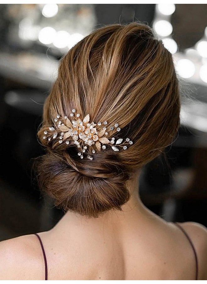 SWEETV SWEETV Flower Bride Wedding Hair Comb Pearl Bridal Crystal Leaf Gold Headpiece Rhinestones Handmade Jewelry for Women and Girls  - Image 2