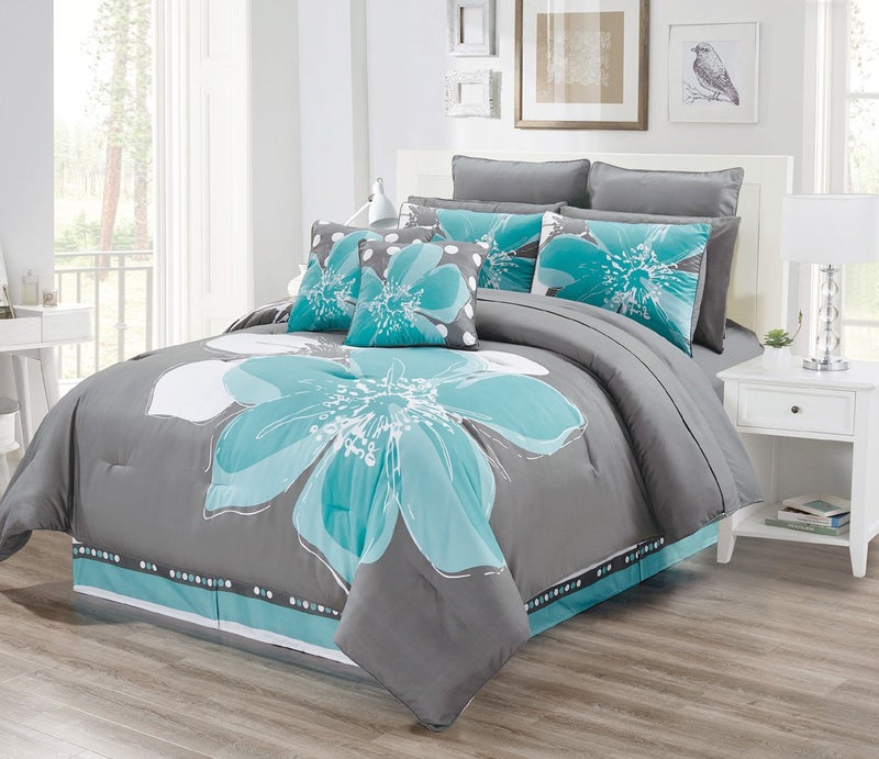 Grand Linen Grand Linen 12  Piece Floral BedinaBag Queen Size Bedding  Sheets  Accent Pillows Comforter Set  Aqua Blue Grey White 