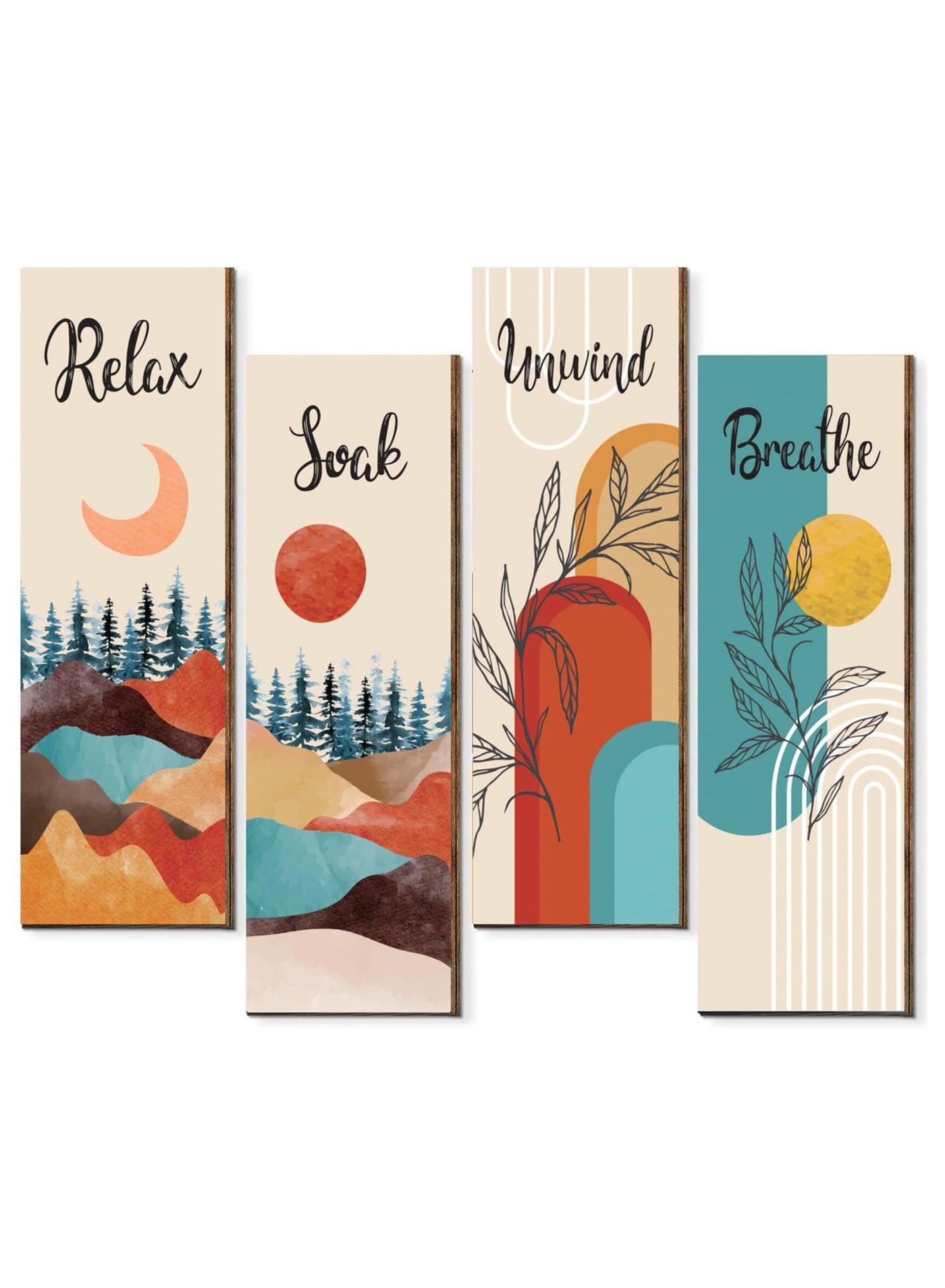 4-Piece Boho Bathroom Wall Art Set – Relax, Soak, Unwind, Breathe Wooden Plaques for Rustic Spa and Home Decor (Style 2)