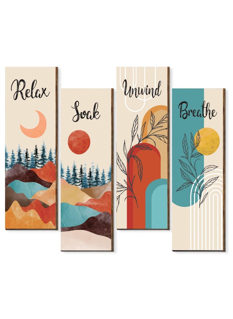 SRLIWHITE 4-Piece Boho Bathroom Wall Art Set – Relax, Soak, Unwind, Breathe Wooden Plaques for Rustic Spa and Home Decor (Style 2)  - Image 1