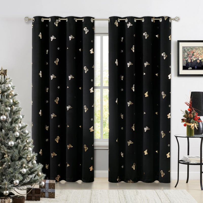 Jubilantex Butterfly Blackout Curtains 2 Panels 84 Inch Long for Girls Bedroom Black and Gold Foil Print Floral Drapery 100 Room Darkening Grommet Top Window Drapes for Living Room 52x84Inch