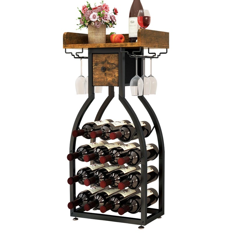 IBUYKE Wine Rack Freestanding Floor,Wine Storage 15 Bottles Bottle Rack with Glass Holders, Mini Bar Wine Cabinet with Storage Drawer for Home Bar Kitchen Dining Room,Rustic Brown,UTMJ908H - Image 1