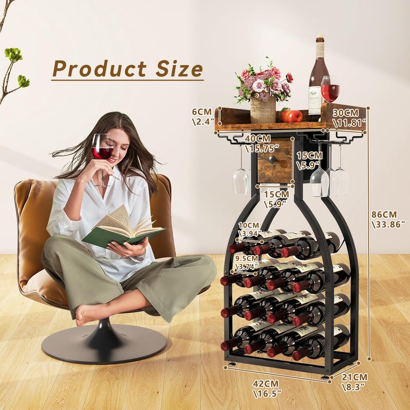 IBUYKE Wine Rack Freestanding Floor,Wine Storage 15 Bottles Bottle Rack with Glass Holders, Mini Bar Wine Cabinet with Storage Drawer for Home Bar Kitchen Dining Room,Rustic Brown,UTMJ908H - Image 5