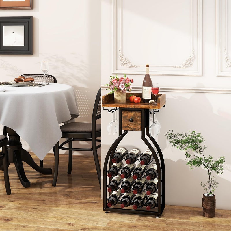 IBUYKE Wine Rack Freestanding Floor,Wine Storage 15 Bottles Bottle Rack with Glass Holders, Mini Bar Wine Cabinet with Storage Drawer for Home Bar Kitchen Dining Room,Rustic Brown,UTMJ908H - Image 3