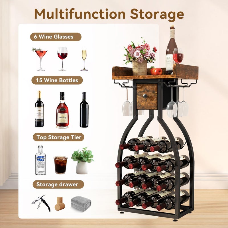 IBUYKE Wine Rack Freestanding Floor,Wine Storage 15 Bottles Bottle Rack with Glass Holders, Mini Bar Wine Cabinet with Storage Drawer for Home Bar Kitchen Dining Room,Rustic Brown,UTMJ908H - Image 4