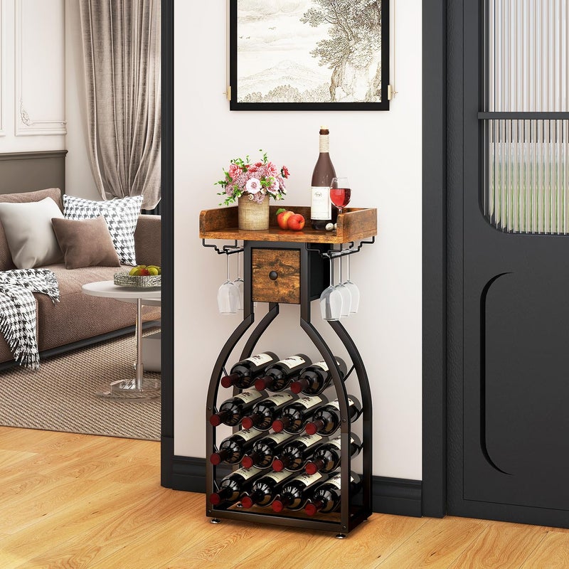 IBUYKE Wine Rack Freestanding Floor,Wine Storage 15 Bottles Bottle Rack with Glass Holders, Mini Bar Wine Cabinet with Storage Drawer for Home Bar Kitchen Dining Room,Rustic Brown,UTMJ908H - Image 2