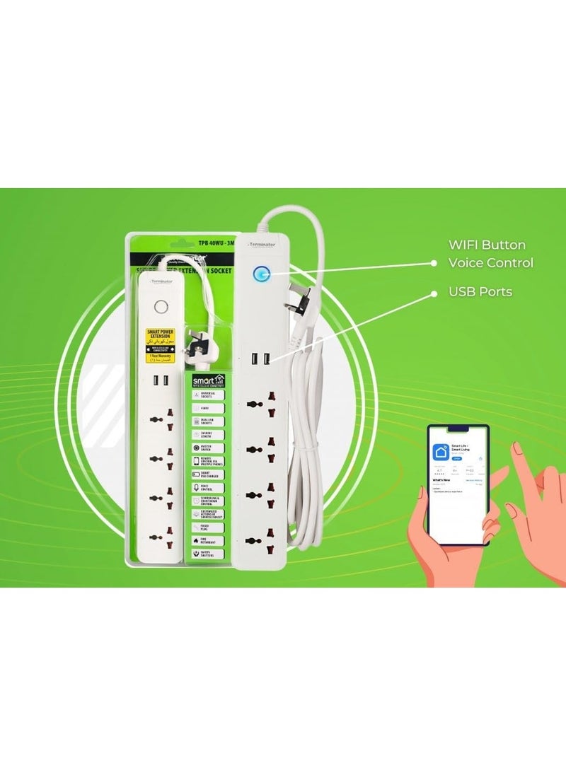 Terminator Terminator 4 Way Smart Wifi Universal Power Extension Socket With 2USB 3A, Master Switch, Single Indicator and 3M Cable  - Image 4