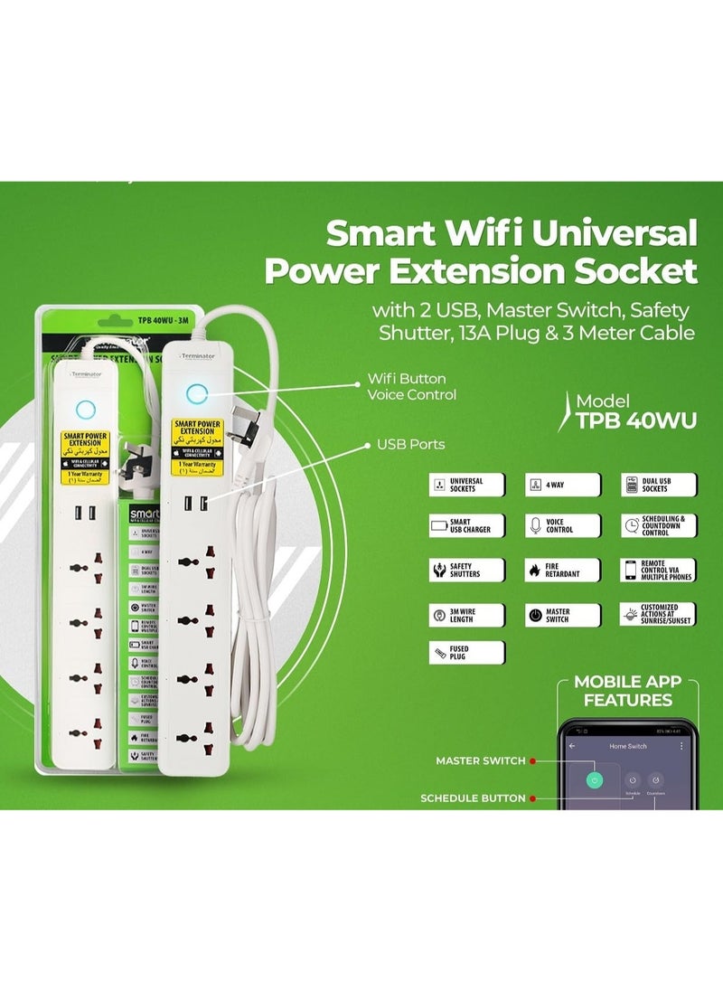 Terminator Terminator 4 Way Smart Wifi Universal Power Extension Socket With 2USB 3A, Master Switch, Single Indicator and 3M Cable  - Image 5