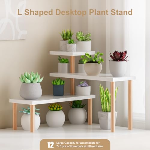 OcBuct Small Plant Stand Shelf ,3 Tiers Wood Long Desktop Flower Pot Holder Racks for Window Sill,Table ,Countertop Organizer Display Stand Shelves (Angle Adjustable,White) - Image 3