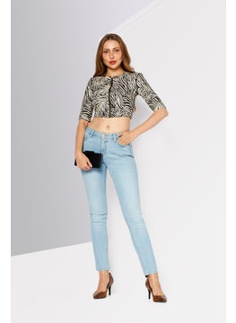 Michael Kors Women Round Neck Elbow Sleeves Allover Printed Cropped Top, Beige  - Image 2