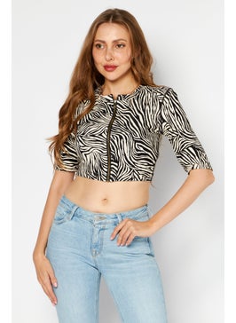 Michael Kors Women Round Neck Elbow Sleeves Allover Printed Cropped Top, Beige  - Image 1