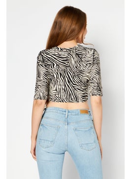 Michael Kors Women Round Neck Elbow Sleeves Allover Printed Cropped Top, Beige  - Image 3