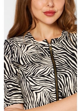 Michael Kors Women Round Neck Elbow Sleeves Allover Printed Cropped Top, Beige  - Image 4