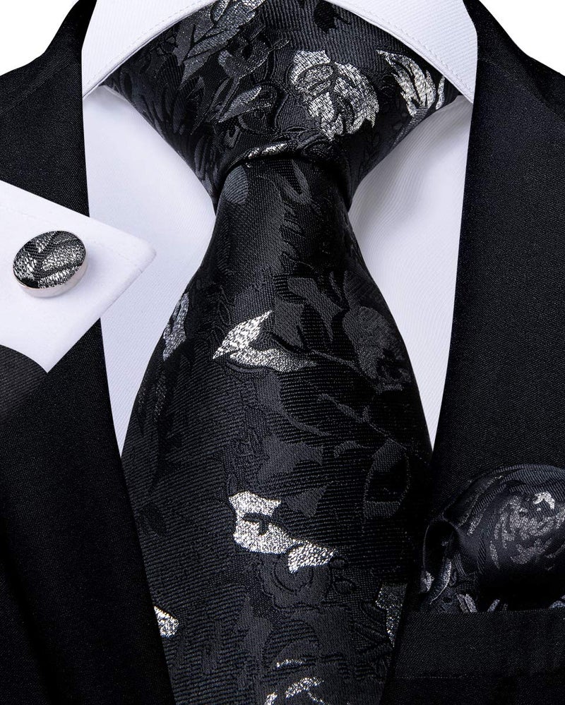 DiBanGu Mens Tie Set Silk Solid Paisley Necktie and Pocket Square Cufflinks Classic Formal Ties for Men Wedding Party, Black and Silver - Image 4