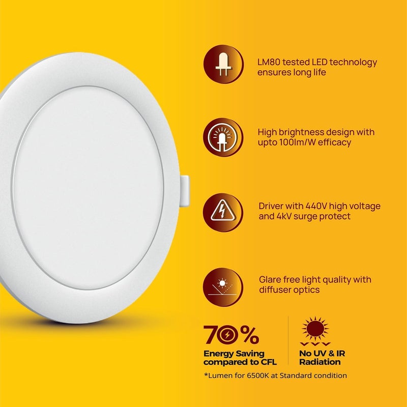 WIPRO Metal Garnet 12W Round LED Alpha Panel | Warm White (2700K) | Recessed Down Light for False Ceiling | Cutout - 125mm | Pack of 1 - Image 4