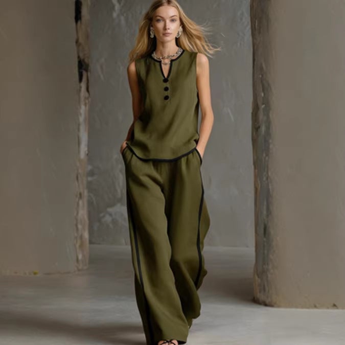 Women's Summer Sleeveless V-Neck Contrast Trim Wide Leg Pants Tracksuit Set - Image 2