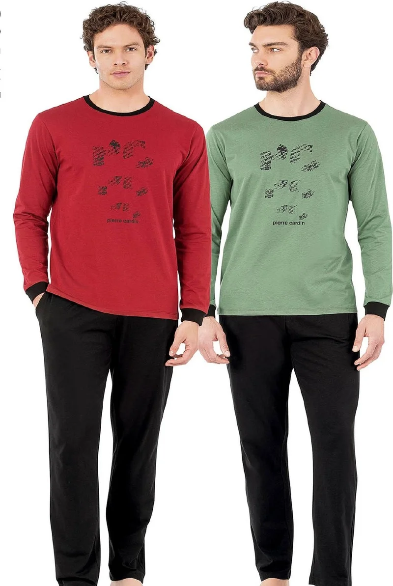 بيير كاردان 6069 Men's Long Sleeve Crew Neck Pajama Set-Green