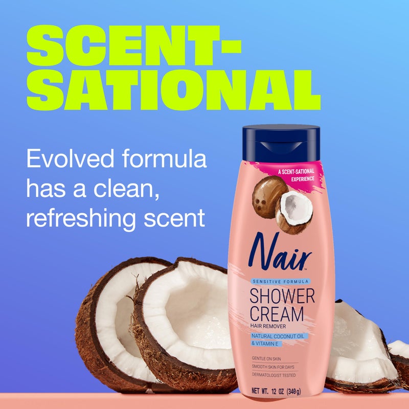 Nair كريم إزالة الشعر من ناير للحساسية مع زيت جوز الهند الطبيعي وفيتامين E، كريم إزالة شعر الجسم للنساء، 12 أونصة - Image 4