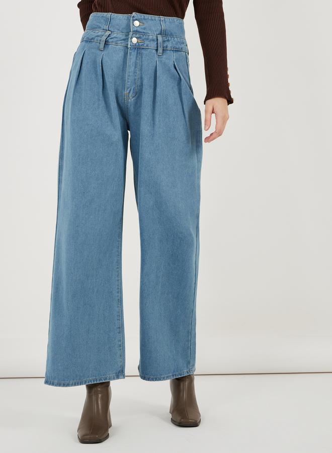 Styli High Rise Double Waistband Pleated Wide Leg Jeans - Image 2