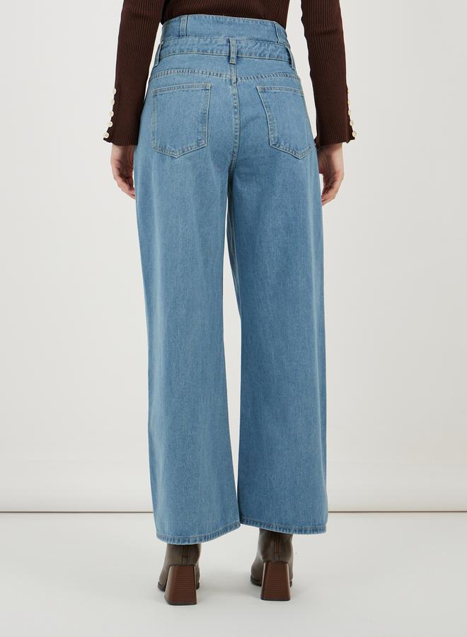 Styli High Rise Double Waistband Pleated Wide Leg Jeans - Image 4