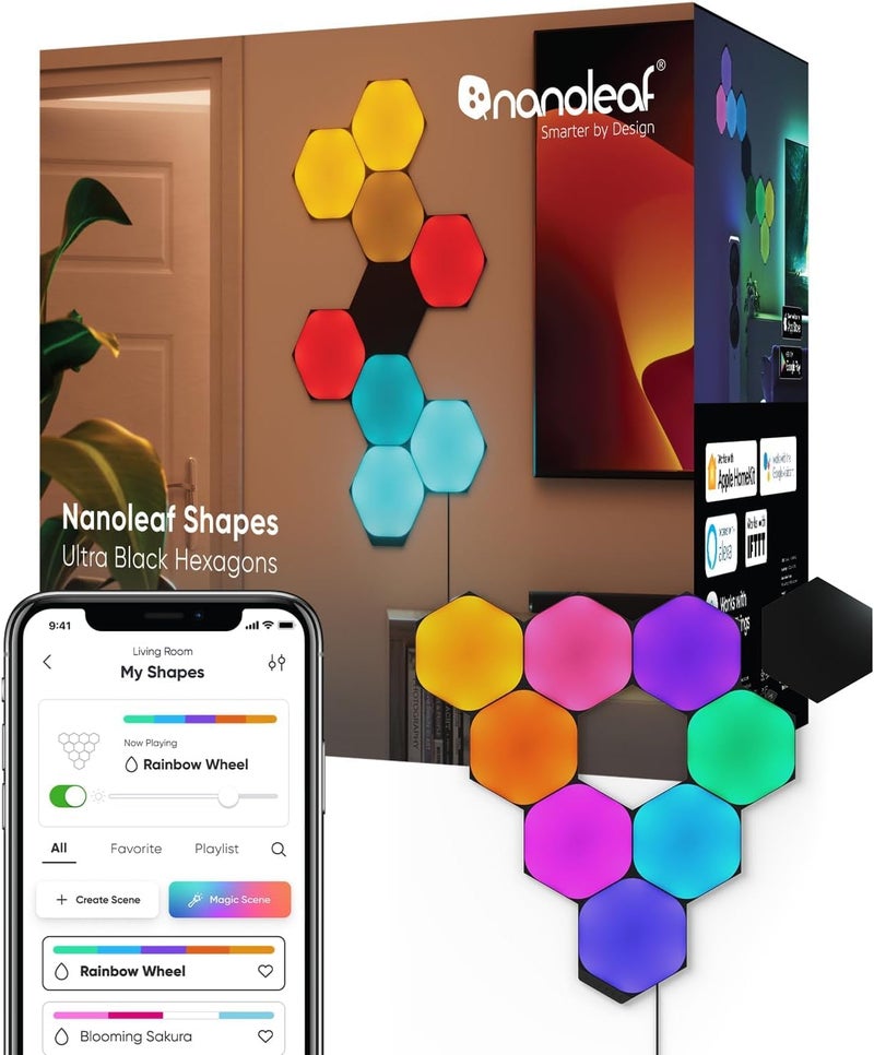 Nanoleaf Shapes LED Wall Lights RGBW Smart Wall Panels with 16M Color Compatible with Alexa Google Assistant Music Sync DIY Gaming Light for Home Decor Black Hexagons Smarter Kit 9 Pack - Image 2