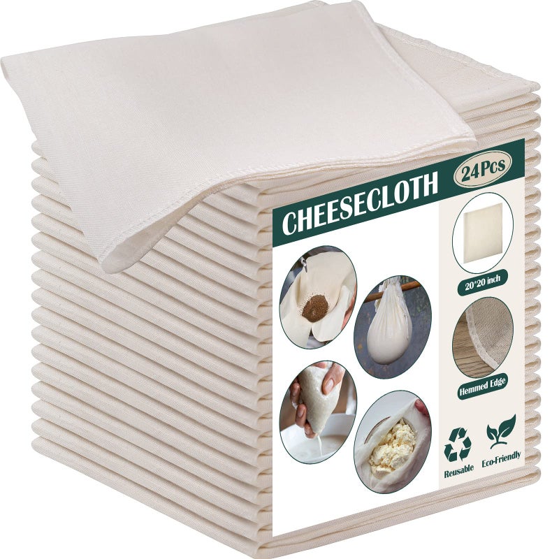 Reginary Reginary 24 Pcs 20 x 20 Inches Cheese Cloths Bulk Grade 100 Hemmed Cheesecloth for Straining Unbleached Cotton Muslin Cloth Reusable for Cooking Baking Juicing Cheese Making 