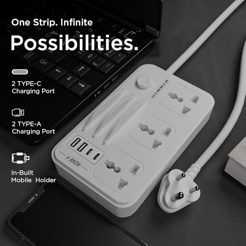 HAMMER Power Strip with 3 Universal Sockets with Child Security, Total 40w (2 USB Ports and 2 Type C 20w PD Individual), Mobile Holder,High Temperature Surge Protector,2300W with 1.5 Meter Cable White - Image 2