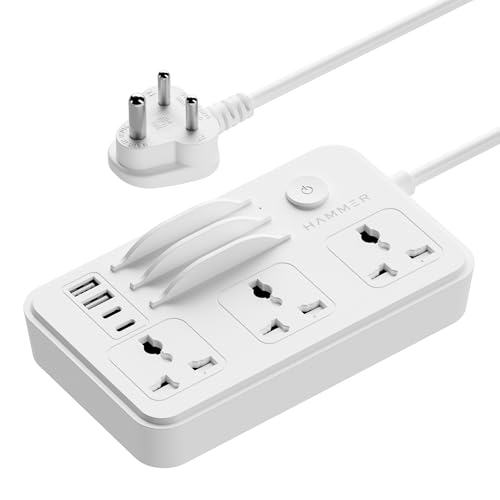 HAMMER Power Strip with 3 Universal Sockets with Child Security, Total 40w (2 USB Ports and 2 Type C 20w PD Individual), Mobile Holder,High Temperature Surge Protector,2300W with 1.5 Meter Cable White - Image 1