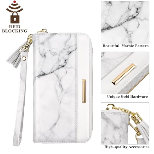 Coco Rossi Women Wallets Multi Card Case Wallet Clutch Wallet Card Holder Organizer Ladies Purse Tassel Wrist strap Purse,White Marble - Image 3