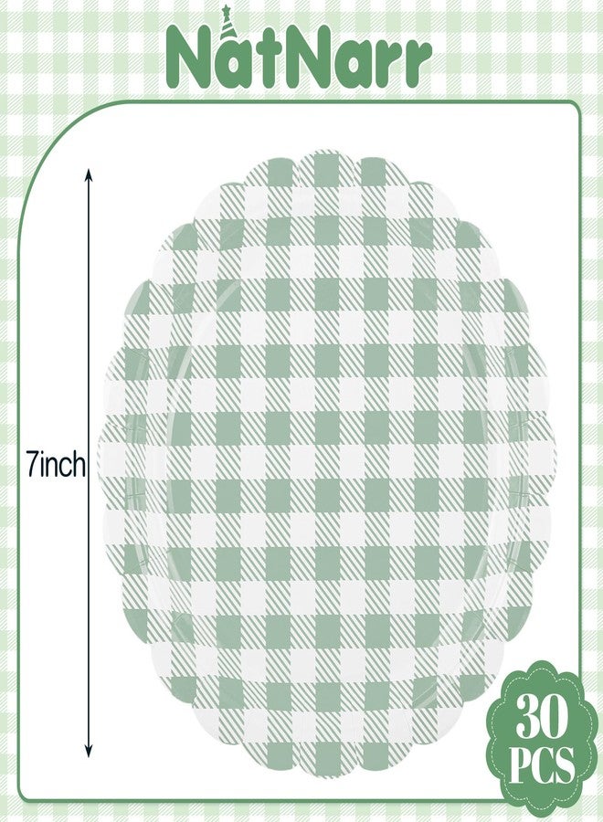NatNarr 30 Pcs Sage Green Gingham Plates, 7 Inch Scalloped Easter Dessert Cake Party Plates Green and White Gingham Party Supplies Plaid Checkered Plate for Farmer Market, Bridal Baby Shower, Picnic - Image 2