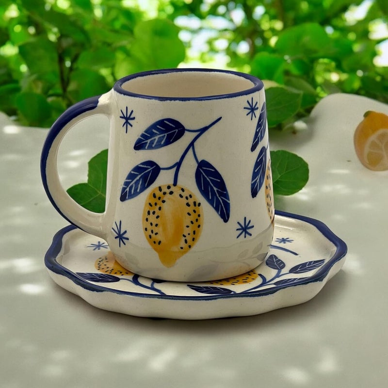 BACKKSPACE RETAIL Backspace Retail Handpainted Mug Plate Set Mug Saucer Dessert Plate Set of 3 45 Inch 55 Inch 65 Inch Lemon Yellow Microwave Dishwasher Safe Office House Warming Gift  - Image 2