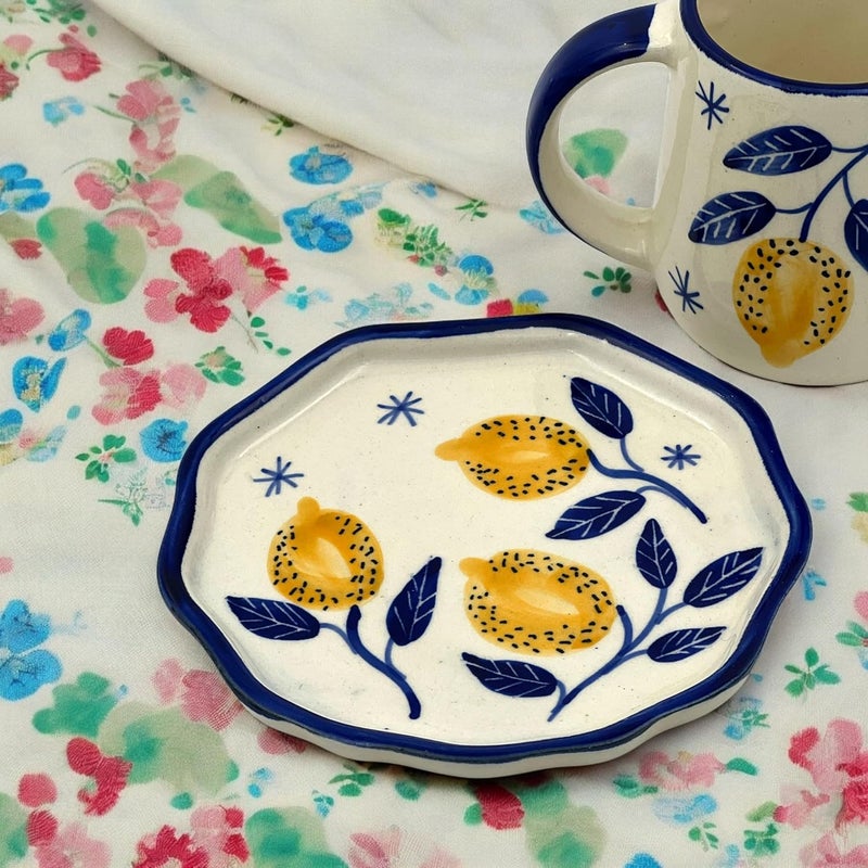 BACKKSPACE RETAIL Backspace Retail Handpainted Mug Plate Set Mug Saucer Dessert Plate Set of 3 45 Inch 55 Inch 65 Inch Lemon Yellow Microwave Dishwasher Safe Office House Warming Gift  - Image 3